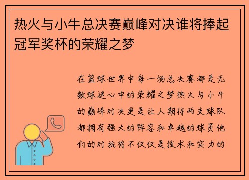 热火与小牛总决赛巅峰对决谁将捧起冠军奖杯的荣耀之梦